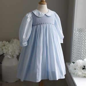 Strasburg Dress Long Sleeve Light Blue Hand Smocked Embroidery Like New